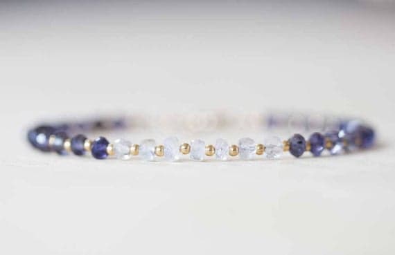 24k gold Personalized Gift 3.5mm Multi Colour Iolite & Rainbow Moonstone stacking Bracelet Rondelle, Faceted 18cm for mens, womens, gf, bf and adults.