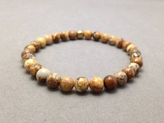 6MM Picture Jasper and Brass Bead Stretch Bracelet For GRounding, Protection, Inspiring Creativity, Cleansing Solar Plexus & Removing Fear  Code- WAR6194