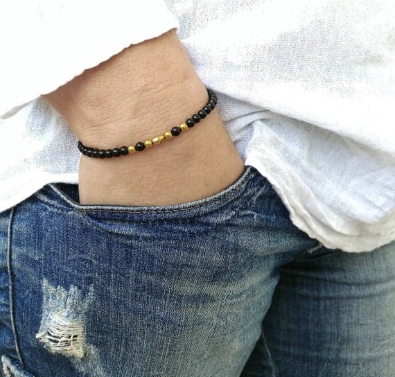 Rose Gold Natural 4mm Black Black Spinel & Hematite Stretchable Bracelet Round, Smooth 18cm for mens, womens, gf, bf and adults.