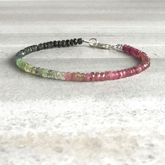 925 sterling silver Blush Jewelry 3-4mm Multi Colour Watermelon Tourmaline stacking Bracelet Rondelle, Faceted 18cm for mens, womens, gf, bf and adults.