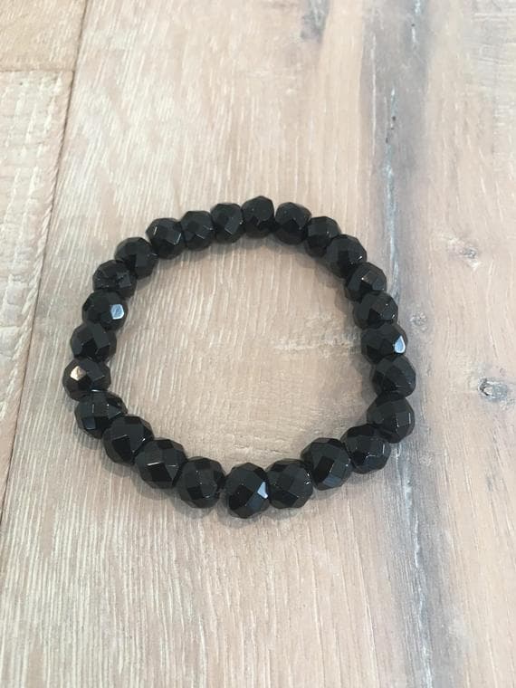 Blush Jewelry 10mm Stretchable Black Black Obsidian Protection  Bracelet Round, Faceted 7" for mens, womens, gf, bf & Adult.