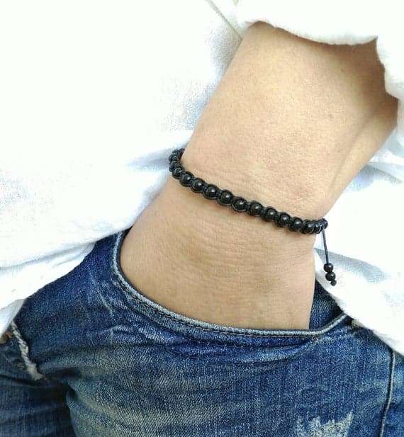 memorial gift 4MM Black Black onyx Shamballa  Adjustable Bracelet Round, Smooth 18cm for mens, womens, gf, bf and adults.