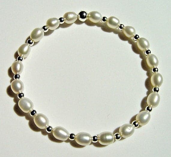 Freshwater Pearls Sterling silver Stretch Bracelet 7" AA Oval white Pearls and Round silver beads Bridal Wedding Elastic Stacking 6.5 x 5.5mm Code- WAR6120