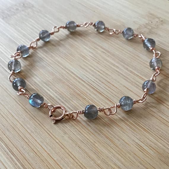 24k gold Plated Jewelry Energy 4mm stacking Gray Labradorite Bracelet Round, Smooth 7" for mens, womens.