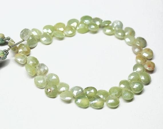 1 strand  coated prehnite heart drop faceted 8'' long strand gemstone beads, jewelry supplies for jewelry making, bulk beads, for meditation jewellery for Reiki Healing  gemstone 7mm