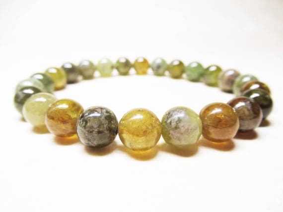 Handmade Beaded 8mm Stretchable green Green Garnet  Bracelet Round, Smooth 7" for mens, womens, GF, BF, Adults.