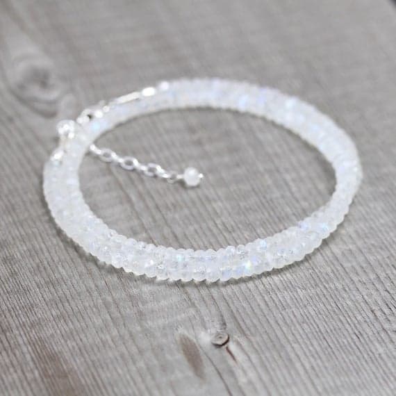 925 sterling Silver chakras simple 3.5mm stacking White Rainbow Moonstone Necklace Rondelle, Faceted 16" for mens, womens, gf, bf & Adult.