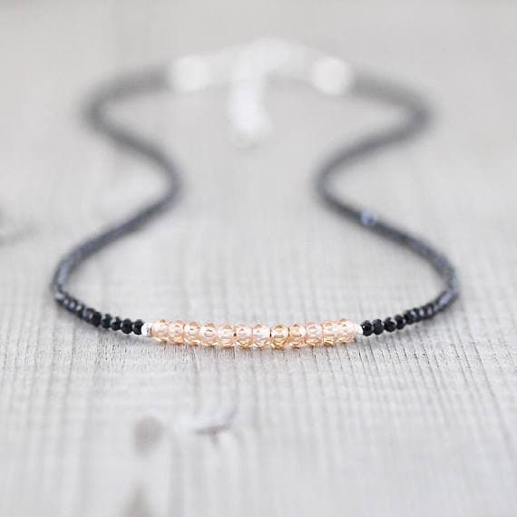 925 sterling Silver Empath Protection Silver Helling 3mm stacking Black & Orange Champagne Zircon & Black Spinel  Necklace Round, Faceted 16" for mens, womens, gf, bf & Adult.