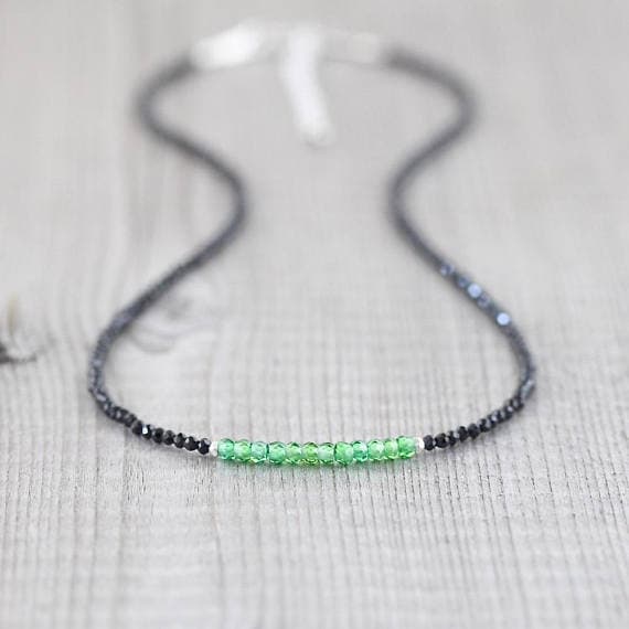 925 sterling Silver Galaxy Jewelry Silver Helling 3mm stacking Black & Green Green Zircon & Black Spinel  Necklace Round, Faceted 16" for mens, womens, gf, bf & Adult.