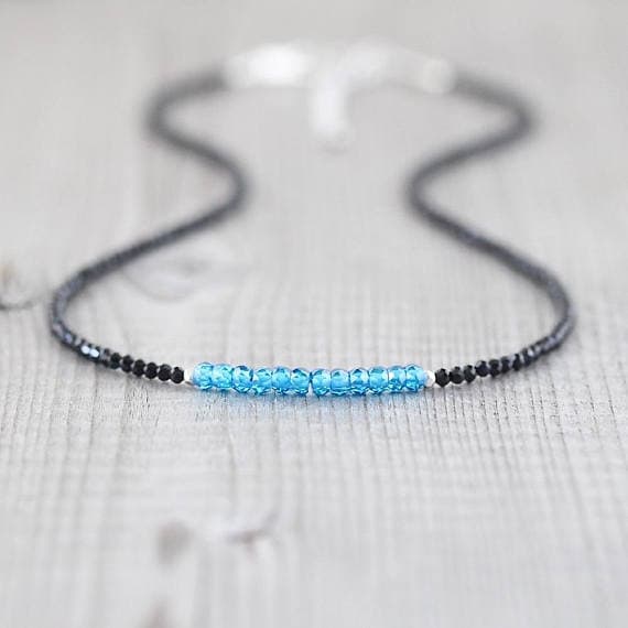 925 sterling Silver Natural Silver Helling 3mm stacking Black & Blue Blue Zircon & Black Spinel  Necklace Round, Faceted 16" for mens, womens, gf, bf & Adult.
