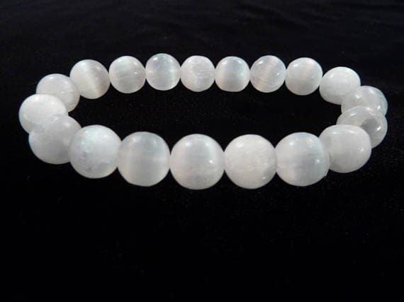 Positive Energy 10mm Stretchable White Selenite Bracelet Round, Smooth 7.5" for mens, womens, gf, bf & Adult.