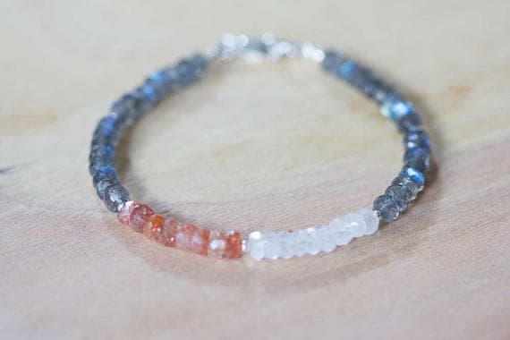925 sterling silver chakras simple 4.5mm Multi Colour Labradorite, Rainbow Moonstone & Sunstone stacking Bracelet Rondelle, Faceted 18cm for mens, womens, gf, bf and adults.