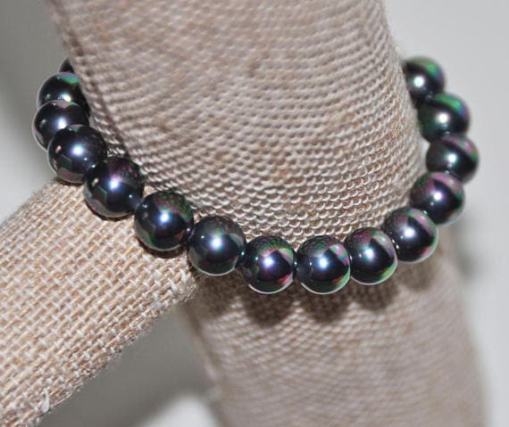 chakras simple 8mm black Black Pearl Stretchable Bracelet Round, Smooth 18cm for mens, womens, gf, bf and adults.