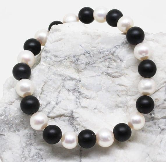 white pearl, matt onyx, necklace round ball smooth 7.5'strand gemstone beads, jewelry supplies for jewelry making, bulk beads, for meditation jewellery for Reiki Healing  gemstone 7.5-8.5mm