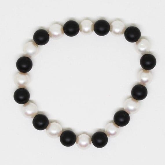 Handmade Beaded 7.5-8mm Stracking white & Black Fresh Water Pearl & Black onyx matt Bracelet Round, Smooth 7" for mens, womens, GF, BF, Adults.