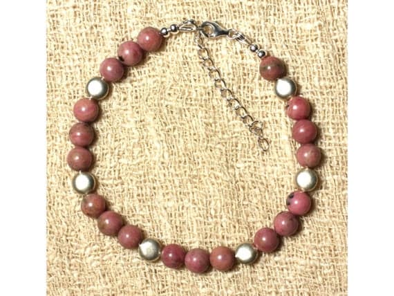 925 sterling Silver Empath Protection Silver Helling 6mm Stracking Pink Rhodonite Bracelet Round, Smooth 7" for mens, womens, gf, bf & Adult.