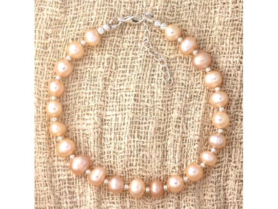 925 sterling Silver Anxiety Gemstone Silver Helling 7x6mm Stracking Pink Pink cultured pearls  Bracelet Round, Smooth 7" for mens, womens, gf, bf & Adult.