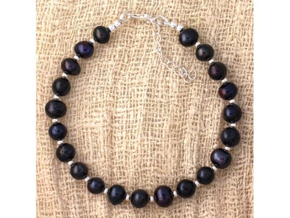 925 sterling Silver Positive Energy Silver helling 7x6mm Stracking Black Black cultured pearls  Bracelet Round, smooth 7" for mens, womens, gf, bf & Adult.