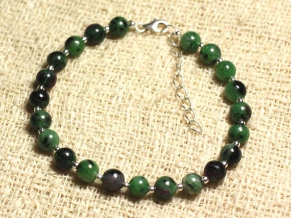 925 sterling Silver Super sale Silver Helling 6mm stacking Green Ruby Zoisite  Bracelet Round, Smooth 7" for mens, womens, gf, bf & Adult.