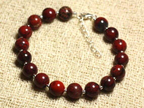 925 sterling Silver Dainty Slave Loose Silver Helling 8mm Stracking Red Red Jasper Bracelet Round, Smooth 7" for mens, womens, gf, bf & Adult.