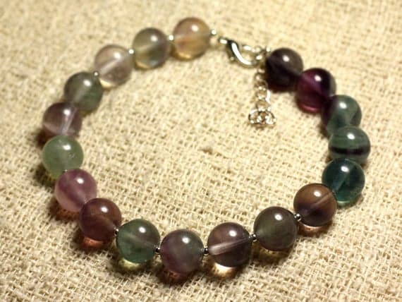 925 sterling Silver Positive Energy Silver helling 10mm Stracking Multi multicolor Fluorite  Bracelet Round, Smooth 7.5" for mens, womens, gf, bf & Adult.
