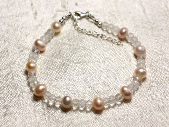 925 sterling Silver Rock Gift 6-7mm stacking Pink & White Quartz cultured pearls Bracelet Round, Faceted & Smooth 7" for mens, womens, gf, bf & Adult.
