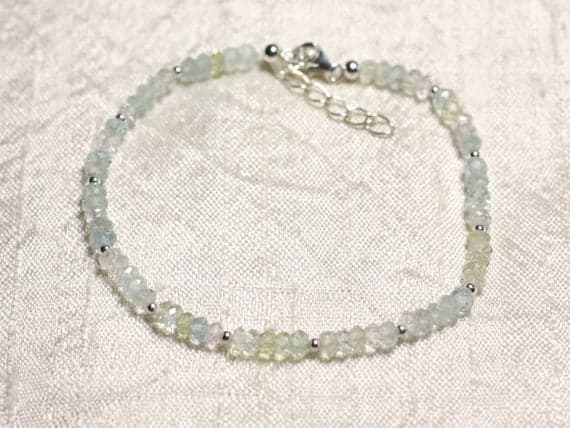 925 sterling Silver good luck gift Silver Helling 3mm Stracking Aqua aquamarine Bracelet Rondelle, Faceted 7" for mens, womens, gf, bf & Adult.