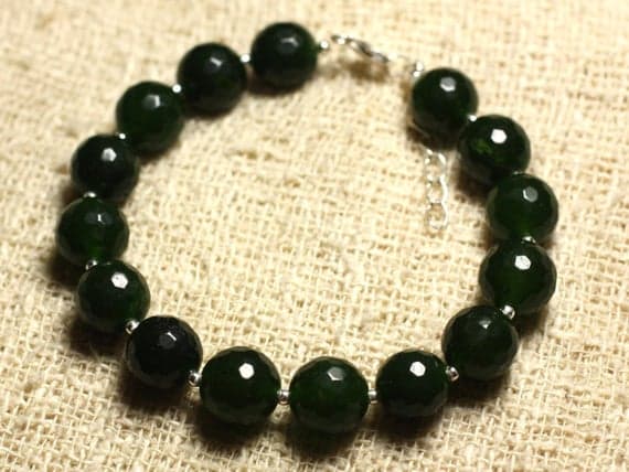 925 sterling Silver Handmade Beaded Silver Helling 10mm stacking Green Jade Bracelet Round, Faceted 7.5" for mens, womens, gf, bf & Adult.