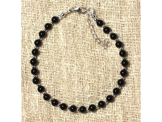 925 sterling Silver Jewelry Energy Silver Helling 4mm Stracking Black Black Onyx Bracelet Round, Smooth 7" for mens, womens, gf, bf & Adult.