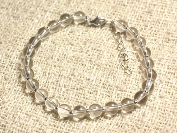 925 sterling Silver Positive Energy 6mm Stracking White clear Quartz Bracelet Round, Smooth 7" for mens, womens, gf, bf & Adult.