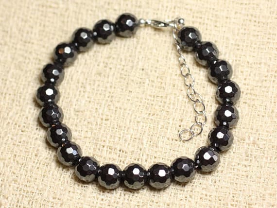 925 sterling Silver Super sale 8mm Stracking Black Hematite Bracelet Round, Faceted 7" for mens, womens, gf, bf & Adult.
