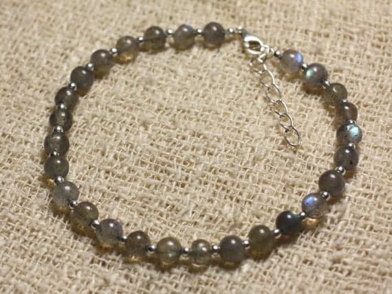 925 sterling Silver Anxiety Gemstone Silver Helling 4-5mm Stracking Gray Labradorite Bracelet Round, Smooth 7" for mens, womens, gf, bf & Adult.