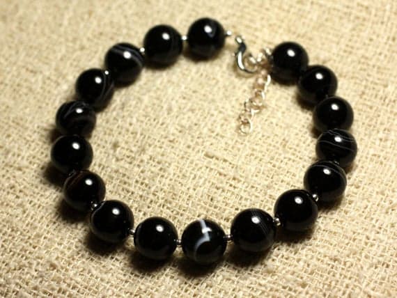 925 sterling Silver Galaxy Jewelry Silver Helling 10mm Stracking Black Black Agate Bracelet Round, Smooth 7.5" for mens, womens, gf, bf & Adult.