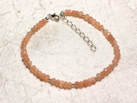 925 sterling Silver Artisan Loose Silver Helling 3mm stacking Pink & Orange Moonstone Bracelet Rondelle, Faceted 7" for mens, womens, gf, bf & Adult.