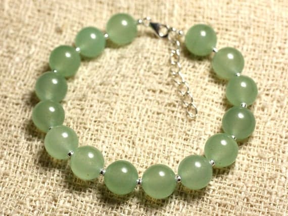 925 sterling Silver Wholesale Silver helling 10mm Stracking Green Green Jade Bracelet Round, Smooth 7.5" for mens, womens, gf, bf & Adult.