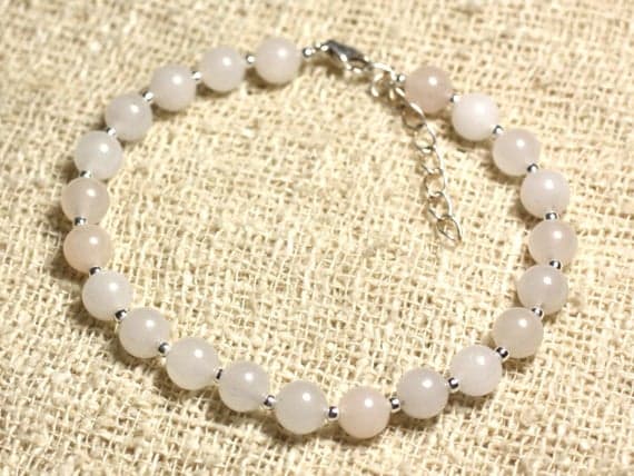 925 sterling Silver Jewelry Energy Silver Helling 6mm Stracking White White Jade Bracelet Round, Smooth 7" for mens, womens, gf, bf & Adult.
