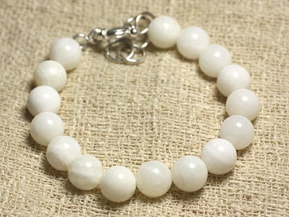 925 sterling Silver love beach youth 10mm Stracking White White Pearl Bracelet Round, Smooth 7.5" for mens, womens, gf, bf & Adult.