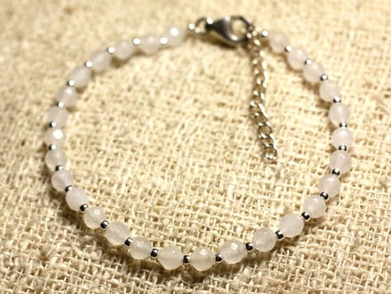 925 sterling Silver good luck gift Silver Helling 4mm Stracking White White Jade Bracelet Rondelle, Faceted 7" for mens, womens, gf, bf & Adult.