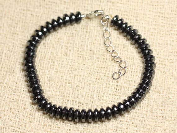 925 sterling Silver good luck gift 6mm stacking Silver Hematite Bracelet Rondelle, Smooth 7" for mens, womens, gf, bf & Adult.