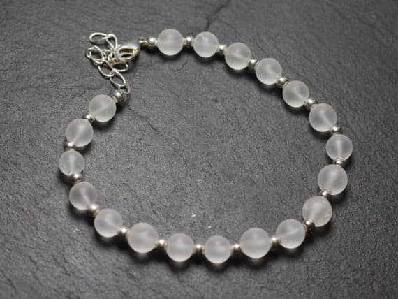 925 sterling Silver memorial gift Silver Helling 6mm stacking White Crystal Quartz matte  Bracelet Round, Smooth 7" for mens, womens, gf, bf & Adult.