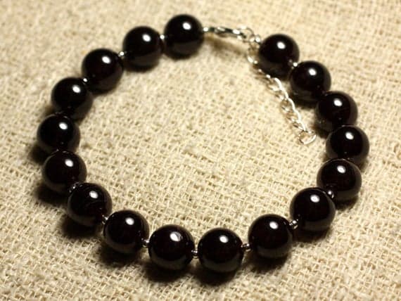 925 sterling Silver Anxiety Relief Calming Silver Helling 10mm Stracking Red Garnet Bracelet Round, Smooth 7.5" for mens, womens, gf, bf & Adult.