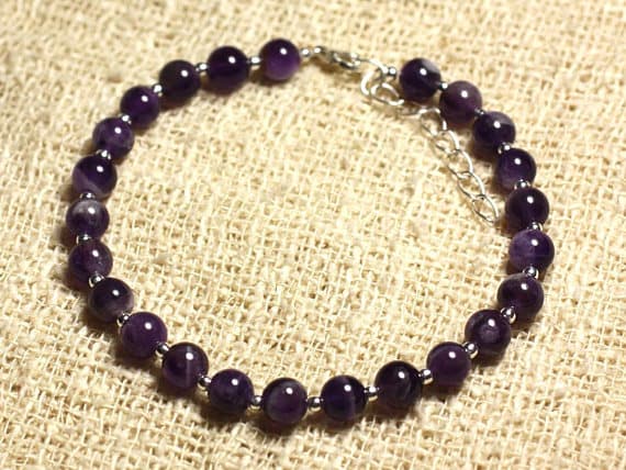 925 sterling Silver Galaxy Jewelry Silver Helling 6mm Stracking Purple Amethyst Bracelet Round, Smooth 7" for mens, womens, gf, bf & Adult.