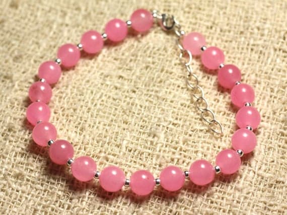 925 sterling Silver Bridesmaid Jewelry Silver Helling 6mm Stracking Pink Pink Jade  Bracelet Round, Smooth 7" for mens, womens, gf, bf & Adult.