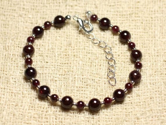 925 sterling Silver love beach youth Silver Helling 4-6mm Stracking Red Garnet Bracelet Round, Smooth 7" for mens, womens, gf, bf & Adult.