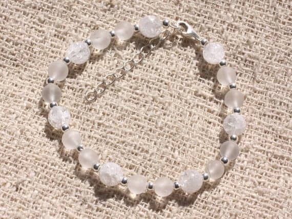 925 sterling Silver Jewelry Energy Silver Helling 6-7mm Stracking White crystal Quartz matte  Bracelet Round, Smooth 7" for mens, womens, gf, bf & Adult.