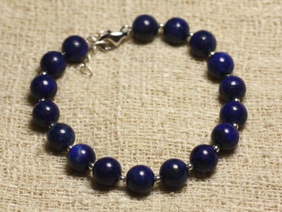 925 sterling Silver Anxiety Relief Calming Silver Helling 8mm Stracking Blue Lapis Lazuli Bracelet Round, Smooth 7" for mens, womens, gf, bf & Adult.