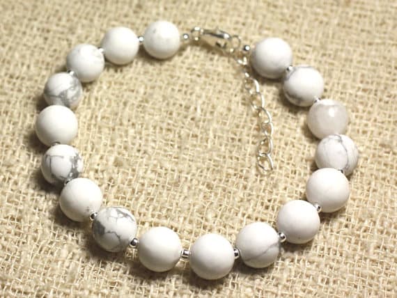 925 sterling Silver Bridesmaid Jewelry Silver Helling 8mm Stracking White Howlite Bracelet Round, Smooth 7" for mens, womens, gf, bf & Adult.