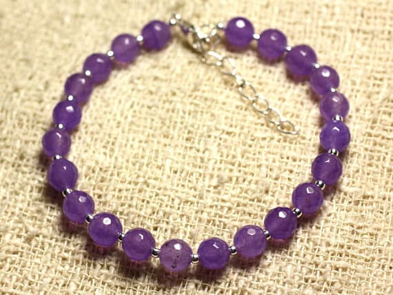 925 sterling Silver Galaxy Jewelry Silver Helling 6mm Stracking Purple Purple Jade Bracelet Round, Faceted 7" for mens, womens, gf, bf & Adult.
