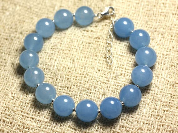 925 sterling Silver Super sale Silver Helling 10mm Stracking Blue Blue Jade Bracelet Round, Smooth 7.5" for mens, womens, gf, bf & Adult.