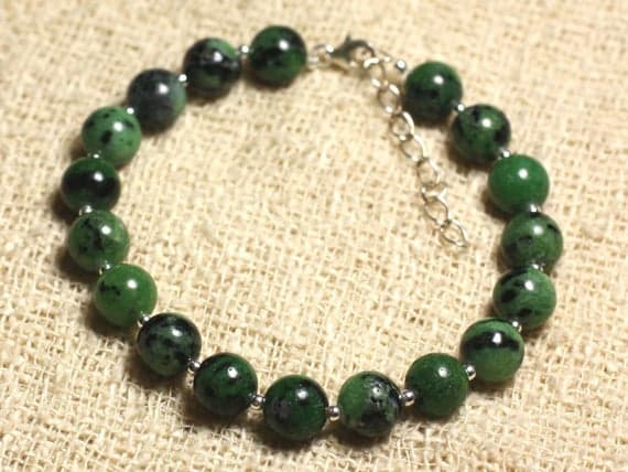 925 sterling Silver Anniversary Gift Silver Helling 8mm Stracking Green Ruby Zoisite  Bracelet Round, Smooth 7" for mens, womens, gf, bf & Adult.